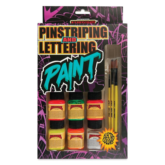 Alpha 6 - New Pinstriping/Lettering Pack - Electroshock Enamel Set - 5 Vibrant Colors with Reducer & Brush Trio for Lettering/Pinstriping, 1 oz Each