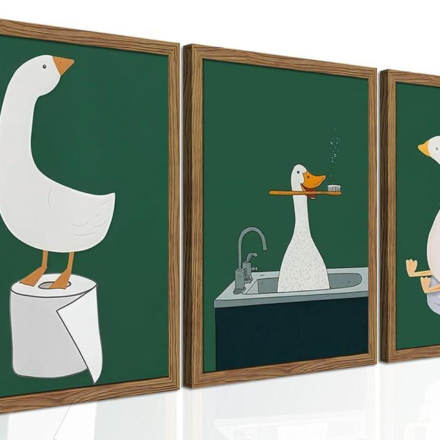Framed Silly Goose Wall Art Bathroom Art Wall Decor Set of 3, Funny Gooses Poster Print, Dark Green Nursery Decor, Cute Animal Pictures Canvas for Kids Bathroom Washroom – 12x16 inch