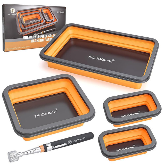 MULWARK 4Pcs Collapsible Magnetic Tray with 15Lb Magnetic Pickup Tool, 3 Sizes Silicone Magnetic Parts Tray for Organizing Screw Bolts Nuts Washers Pins Repair Tools Workshop