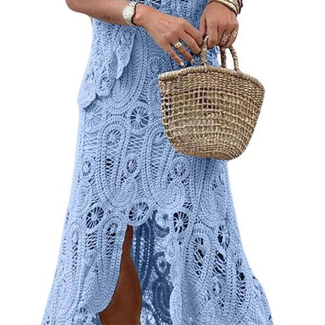 CHARTOU Women Two Pieces Skirt Sets Summer Cut Out Hi-Low Crochet Knit Long Dresses