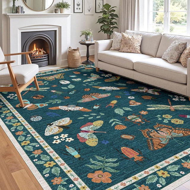 Othilic Floral 5x8 Living Room Area Rug - Green Soft Washable Boho Rugs for Bedroom Aesthetic Stain Resistant Carpet Non Slip Modern Insect Print Rugs for Living Room Dining Room Kids Room Office