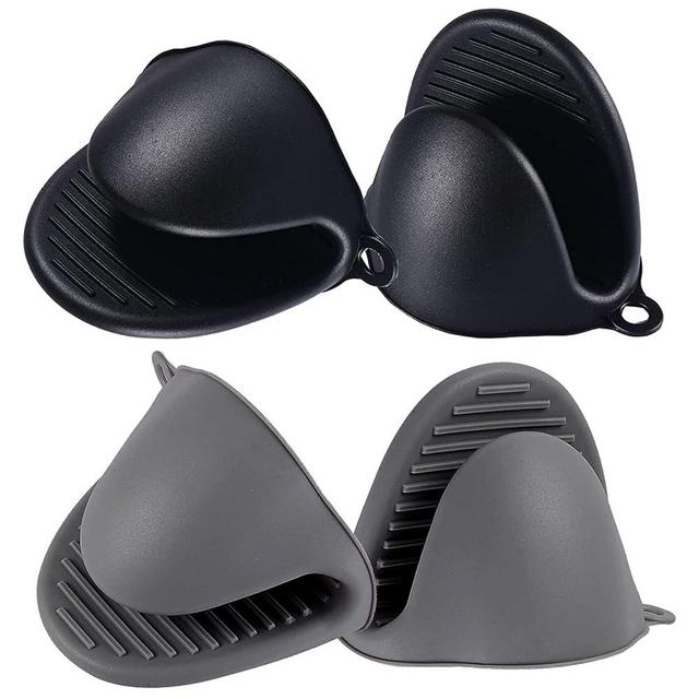 Harewu 4PCS Silicone Oven Mitts Heat Resistant,Mini Oven Mitts Rubber Oven Glove for Kitchen Frying Cooking Baking BBQ (Black+Grey)