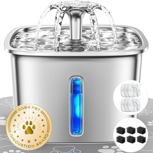 Veken Innovation Award Winner Stainless Steel Cat Water Fountain, 95oz/2.8L Automatic Pet Fountain with 6 Replacement Filters & 6 Pre-Filter Sponges & Silicone Mat for Cats, Dogs (Silver)