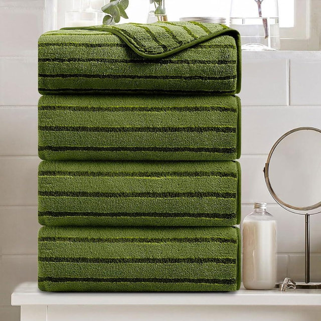 4 Pcs Army Green Cabana Stripe Large Bath Towels 35"x70" Oversized Bath Sheet Soft Breathable Jumbo Bathroom Towels Highly Absorbent Shower Towel Quick Dry Beach Chair Towel Spa Gym Hotel Towel Set