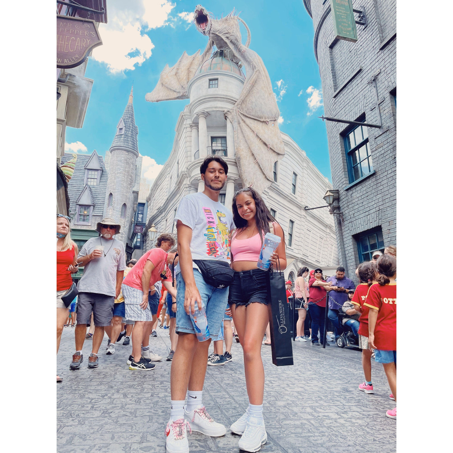 Two huge Potterheads checking Diagon Alley off the bucket list.