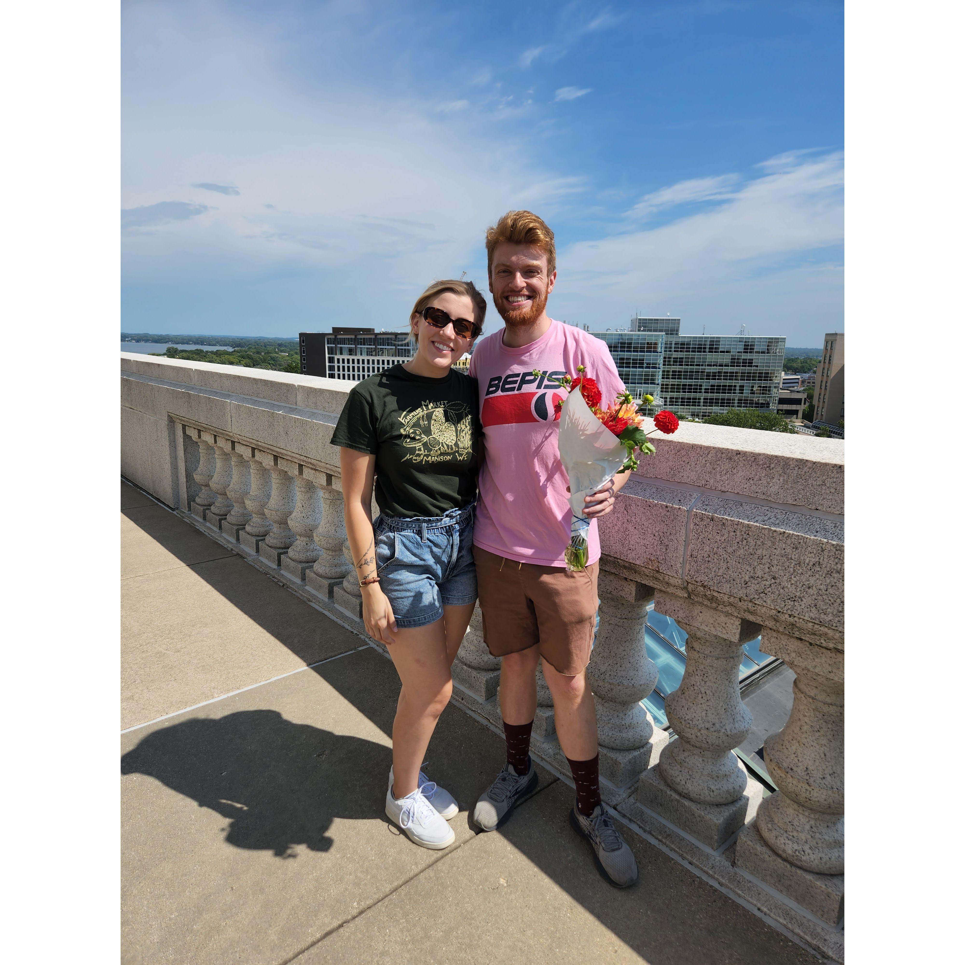 At the top of the Capitol building in Madison, WI on a Farmer's Market Saturday on the Square