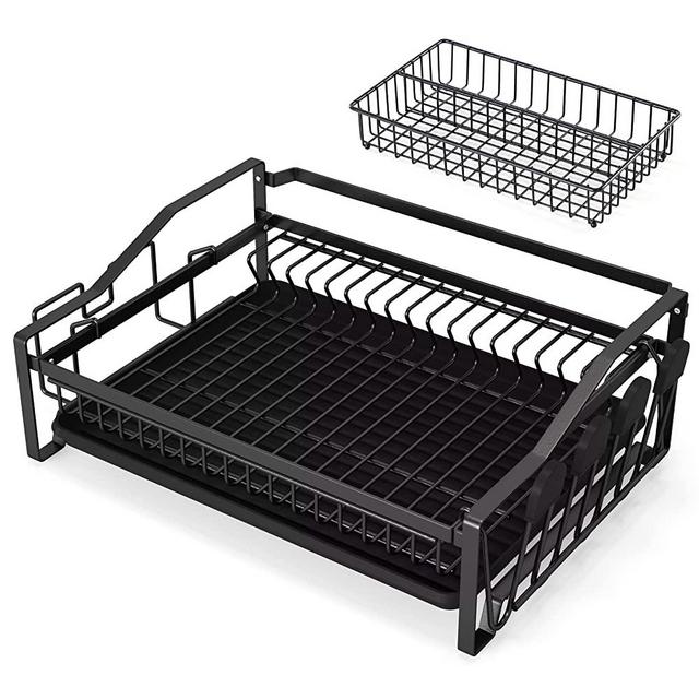 Dish Drying Rack, 1Easylife Dish Drainer Set with Cutlery/Spice Rack, Large Rustproof Dish Racks with Tray, Utensil Holder, Cup Holder and Cutting Board Rack for Kitchen Counter Cabinet, Black