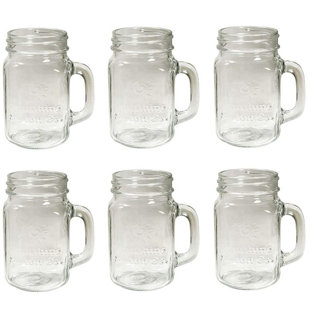 Sunshine Mason Co. Mason Jar Glass Mugs with Handles Pint Size (16 ounce, 473 mL) Regular Mouth 6 Pieces