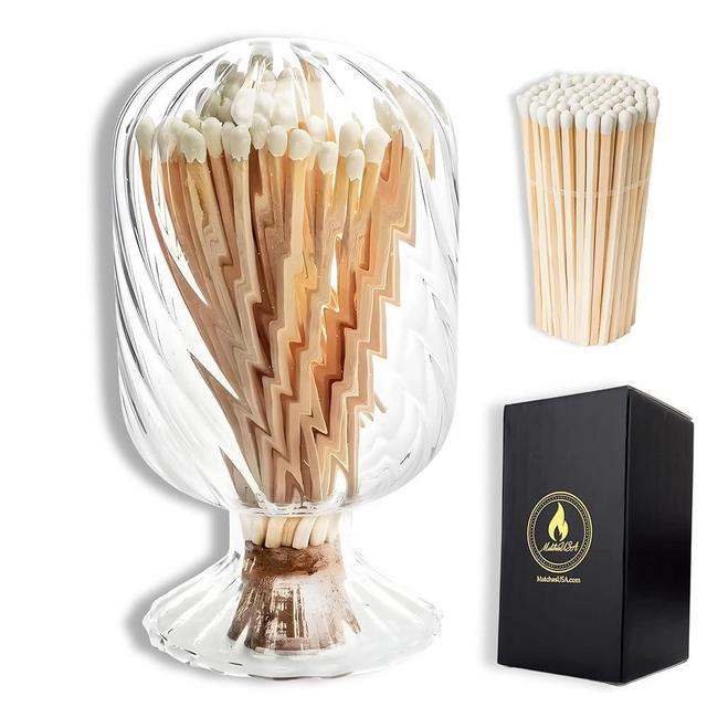 Includes Matches! | Helix Spiral Shaped Glass Matches Cloche | Spiral Decorative Match Holder Jar for Candles Set Display
