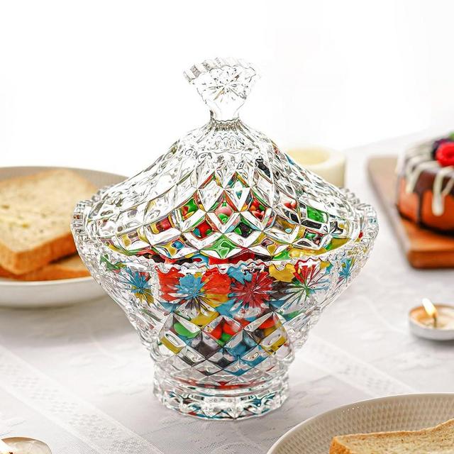 KANPURA 21.5oz Large Glass Candy Dish with Lid Clear Decorative Candy Jar Crystal Candy Bowl for Home Kitchen Office Table