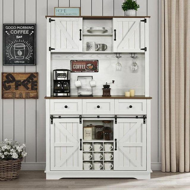 4 EVER WINNER Farmhouse Coffee Bar Cabinet with Sliding Barn Doors, 72” Tall Kitchen Pantry Cabinet with Wine & Glass Rack, Kitchen Hutch Buffet Cabinet with Drawers for Dining Room, White