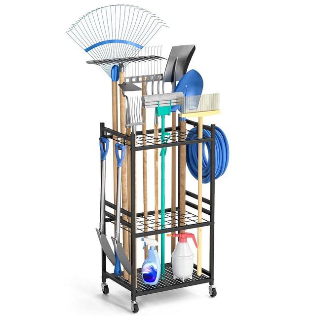 DAOUTIME Garden Tool Organizer with Wheels, Yard Tool Tower rack for Garage Organization and Storage, Up to 35 Long-Handled Tools, Sturdy Metal Steel Tool Holder with 3 Hooks, Outdoor, Black