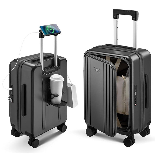 CASELLY Carry On Luggage Top Opening with Cup Holder & Phone Holder, Expandable PC Hard Shell Suitcase, USB Charging Port, Side Hook, 360° Spinner Wheels, TSA Lock & YKK Zippers for Women Man Gifts