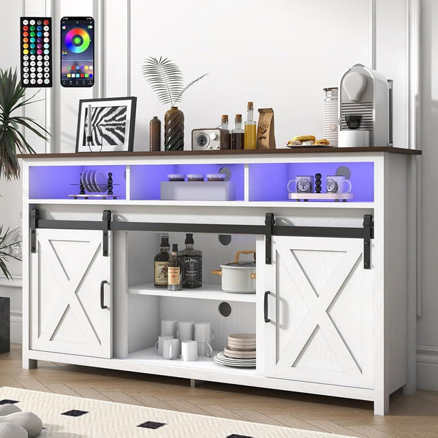 jiteentarou Farmhouse Coffee Bar Cabinet with Power Outlet, Rustic Sideboard Buffet Storage Cabinet with Storage, Wood Buffet Cabinet Serving Table Cupboard for Dining Room, Living Room, White
