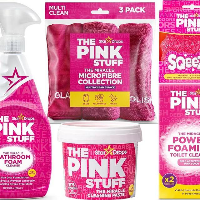 The Pink Stuff Bathroom Cleaning Kit – Cleaning Paste, Bathroom Foam Spray, Toilet Foaming Powder, SQeeZY Sponge & 3 Microfiber Cloths – Tough on Stains, Grease & Soap Scum – Deep Clean Essentials