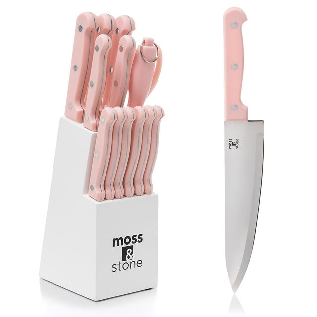Moss & Stone Pink 14 Pcs Knife Block Set Stainless Steel, Premium Forged Kitchen Knives Set with High-Carbon Blades, Ergonomic Handle, Sharp Blade, Rust Resistant, Modern Style for Home & Chef