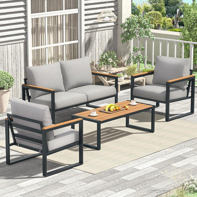 COMLAX FIELD Patio Furniture Set, 4 Pieces Outdoor Patio Furniture with Coffee Table Set, Metal Patio Conversation Sets with Washable and High-Resiliency Sponge Cushions, Upgarded Light Grey
