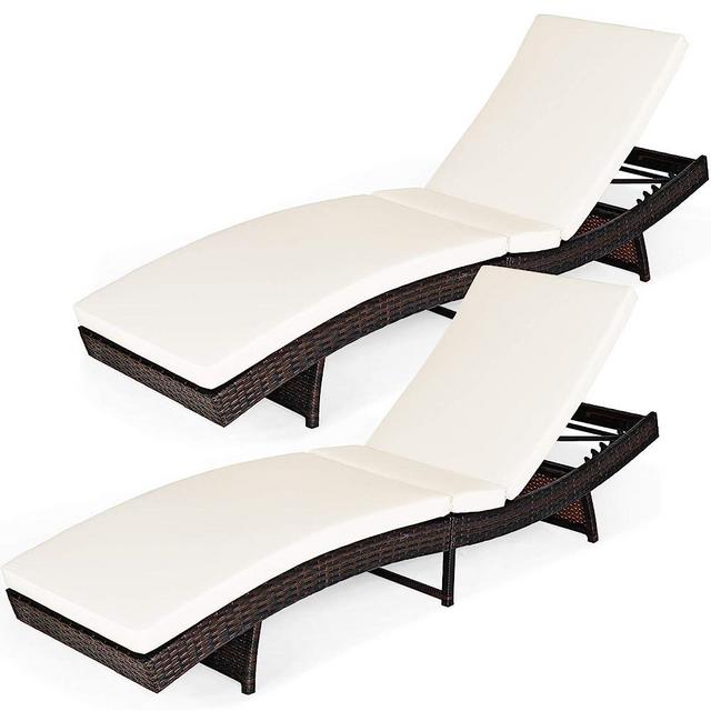 Tangkula Outdoor Folding Chaise Lounge, Rattan Patio Lounge Chair with Removable Thick Cushion, 5 Adjustable Levels, Leisure Reclining Wicker Lounge Chair for Garden, Pool Side, Balcony (2, White)