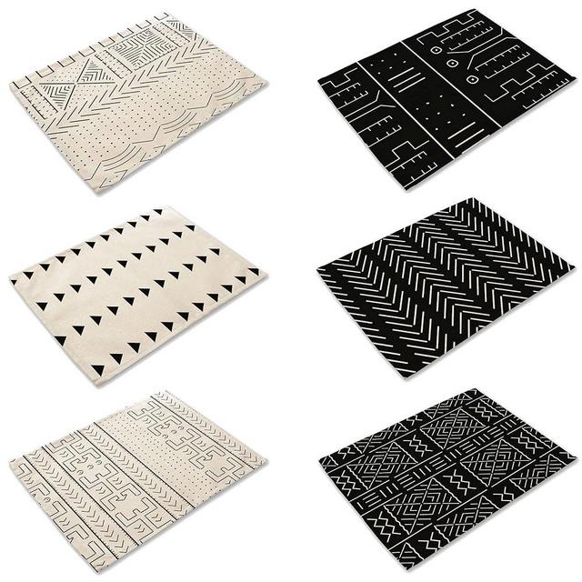Jewelry-Box Set of 6 Geometry Theme Black and White Pattern Cotton Linen Placemats Non-Slip Heat Resistant Washable Dining Table Mats(1)