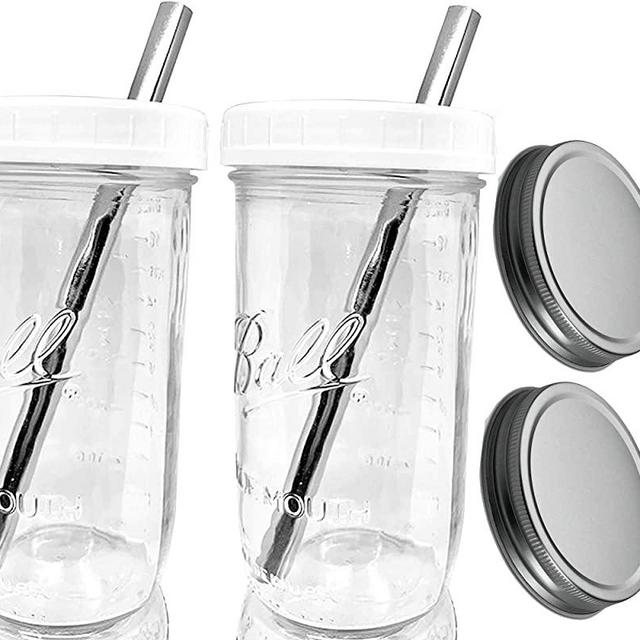 Reusable Boba Bubble Smoothie Cup Wide Mouth Glass Ball Mason Jar with Extra Wide STAINLESS STEEL Straws Boba Cups and Lids and Straws-Drinking Lid and Silver Leak Proof Caps(2) by Jarming Collections