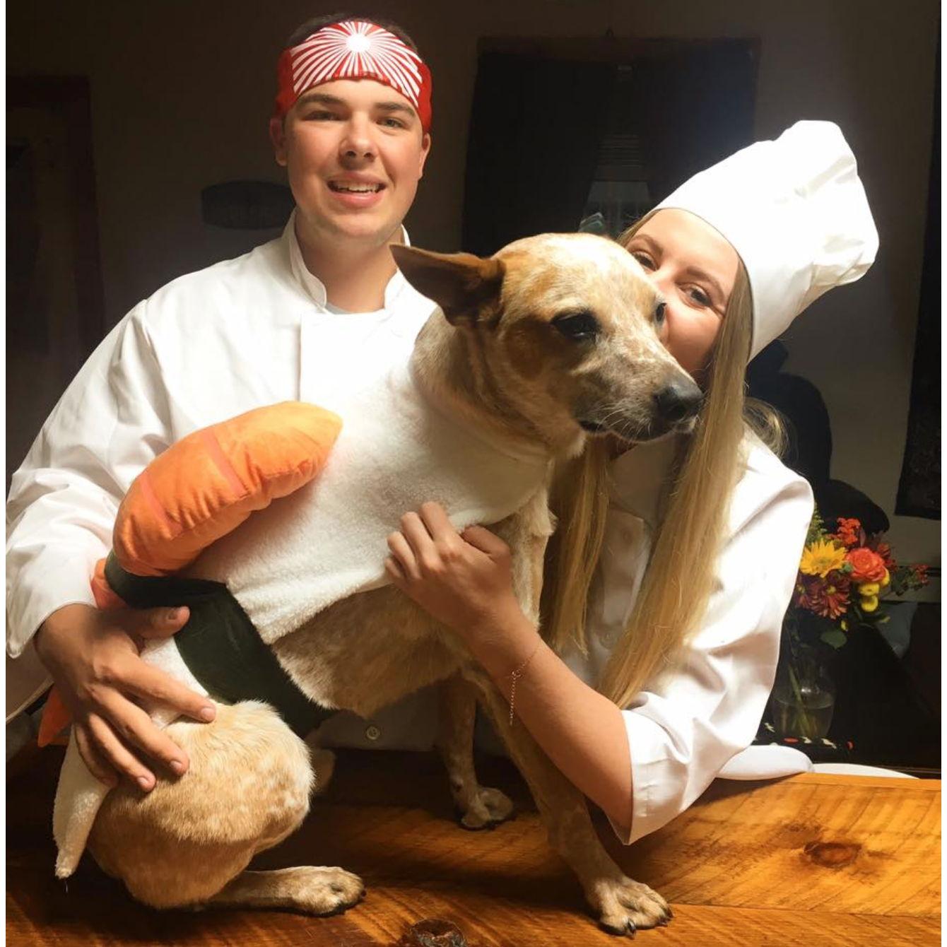 They won best costume at the campus pub for halloween as su chefs with their sushi, Chief!