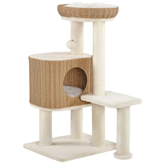 Yaheetech 36″ Tall Rattan Cat Tree with Natural Sisal Scratching Post, Hanging Ball, Condo, Basket, Clear Bowl