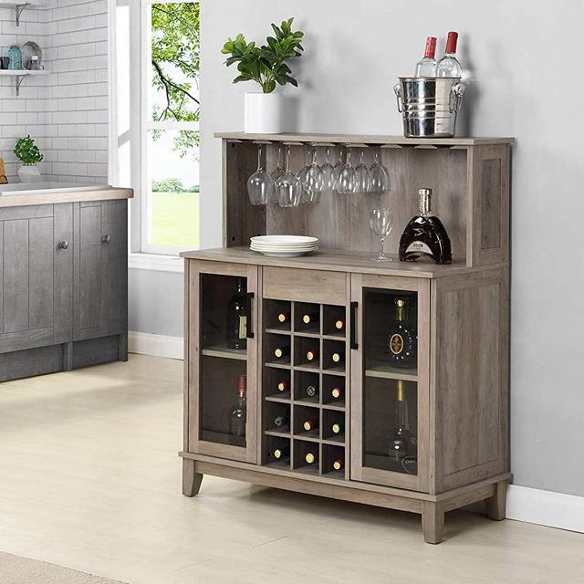 Bar Cabinet with Wine Rack and Glass Doors (Grey Wash)