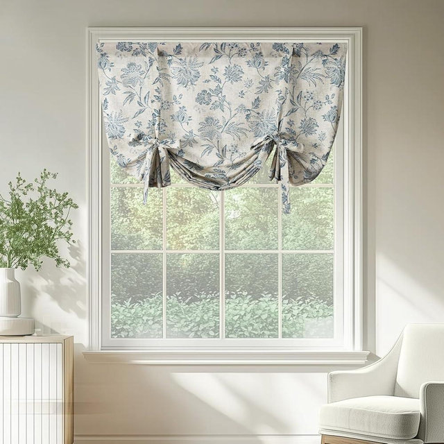 jinchan Linen Floral Tie up Shade Valance Curtains for Windows 45 Inch Farmhouse Valance Adjustable Country Tropical Flower Small Curtain Drape Laundry Bathroom Living Room Rod Pocket 1 Panel Blue