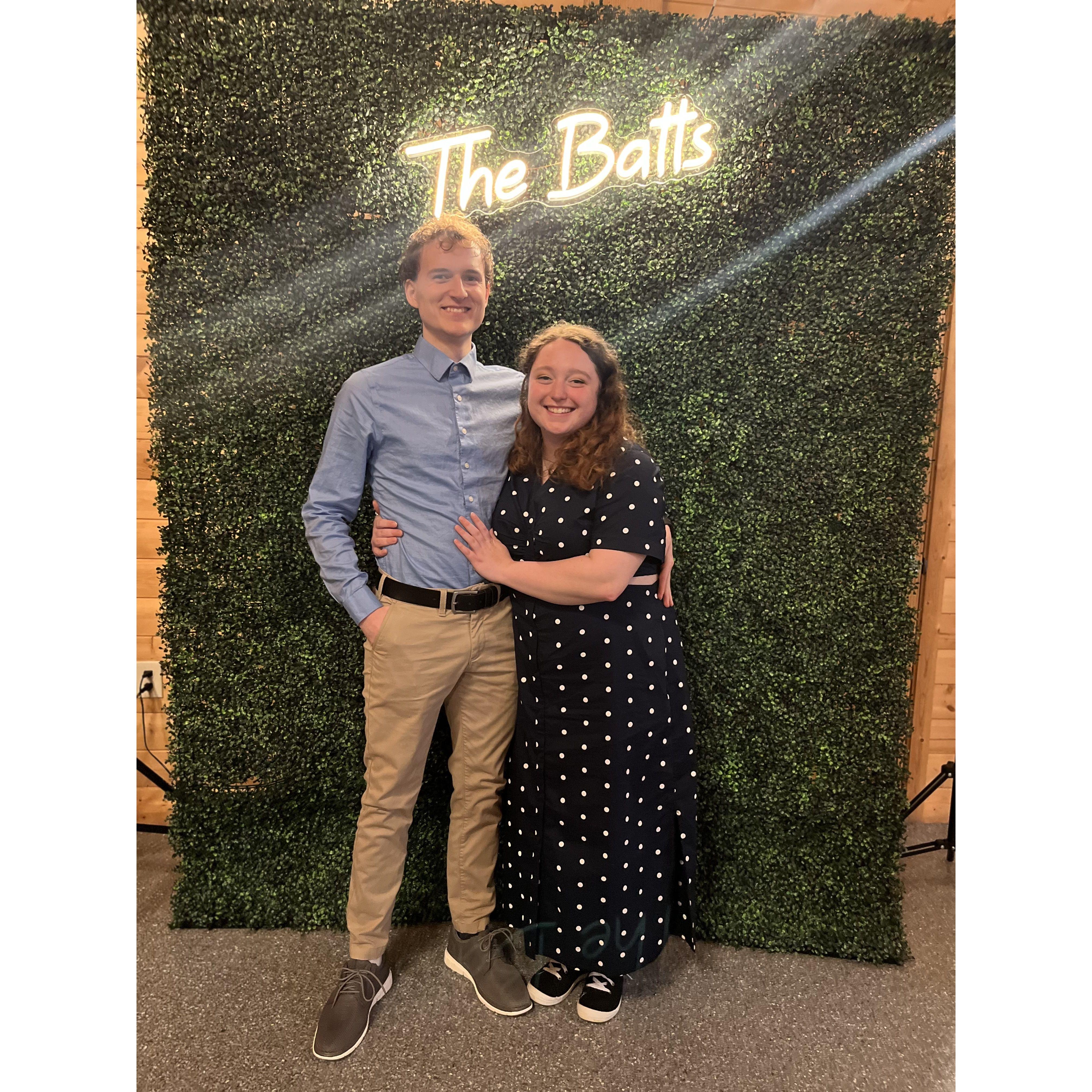 The first wedding we attended together, with some foreshadowing on the neon sign :)