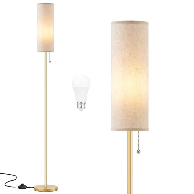 Ambimall Floor Lamp for Living Room with 3 Color Temperatures Bulb, 64" Standing lamp with Linen lampshade for Bedroom, Minimalist Pole Lamp, Beige Shade & Gold Pole