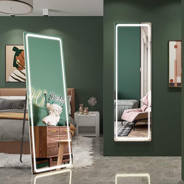 【 2021 Newest 】 LED Full Length Mirror with Lights, 63”x20”Free Standing Floor Body Mirror, Wall Mounted Vanity Backlit Mirror, Bedroom Bathroom Living Room Dressing Mirrors, Silver Aluminum Frame
