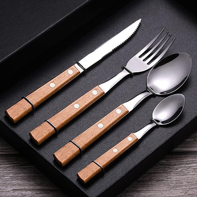 Wood Silverware Set 40 Piece Cutlery Set for 10 Premium 18/10 Stainless Steel Flatware Sets Wooden Handle Include Knifes Teaspoons Forks and Spoons Kitchen Hotel Tableware Utensils Wood Color