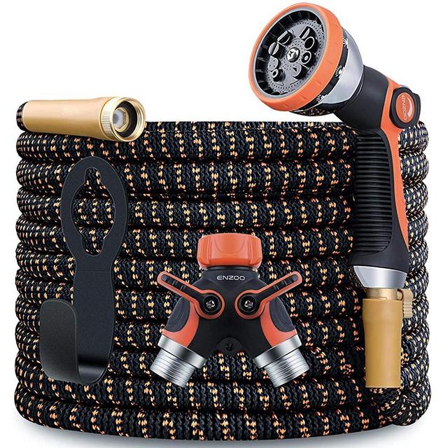 ENZOO Garden Hose Expandable- 4-Layers Latex/Superior Strength 3750D/3/4 Strong Brass Connectors/2-Way Pocket Flexible Splitter with 10 Function Zinc Spray Nozzle (50 Feet)