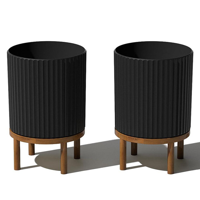 Veradek Demi Series Round Planter w/Stand for Porch/Patio | Durable Plastic-Concrete & Wooden Stand | Modern Décor for Tall Plants, Flowers