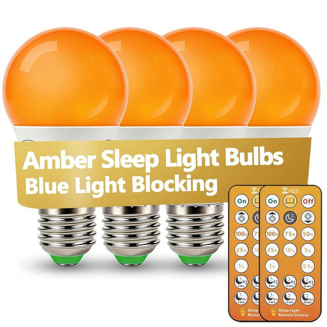 Wivety LED Sleep Amber Light Bulbs with Remote Control, 1600K E26 Circadian Light Bulb A15, 5W(40W Equivalent) for Sleep Therapy, Baby Nursery, Bedroom (4 Packs)