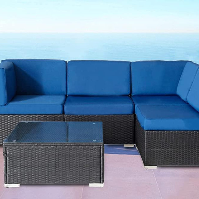 Patio Conversation Set Outdoor Furniture Sofa Sets Sectional Wicker Chair Set All-Weather with Wide Armrest 5 Pieces Blue