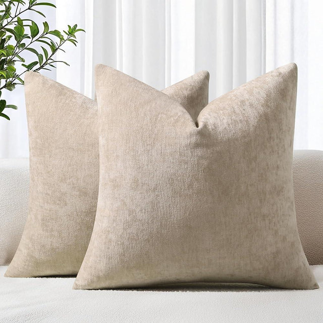 decorUhome Chenille Bleached Sand Throw Pillow Covers 18x18 Inch Set of 2, Decorative Soft Couch Pillow Covers Solid Dyed Accent Farmhouse Neutral Square Pillow Cases for Sofa Bed Living Room