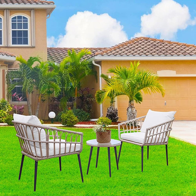 Homsido 3-Piece Outdoor Rattan Patio Furniture Set, Bohemian Simple Wicker Patio Chair Conversation Indoor Sets with Coffee Table and Waterproof Cushion
