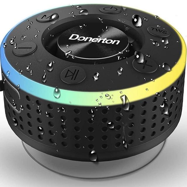 Donerton Bluetooth Shower Speaker, IPX7 Waterproof Wireless Speaker with Suction Cup, Portable Speaker, 360 HD Surround Sound, LED Light Mini Speakers, Dual Stereo Pairing, Built in Mic, Radio(Black)