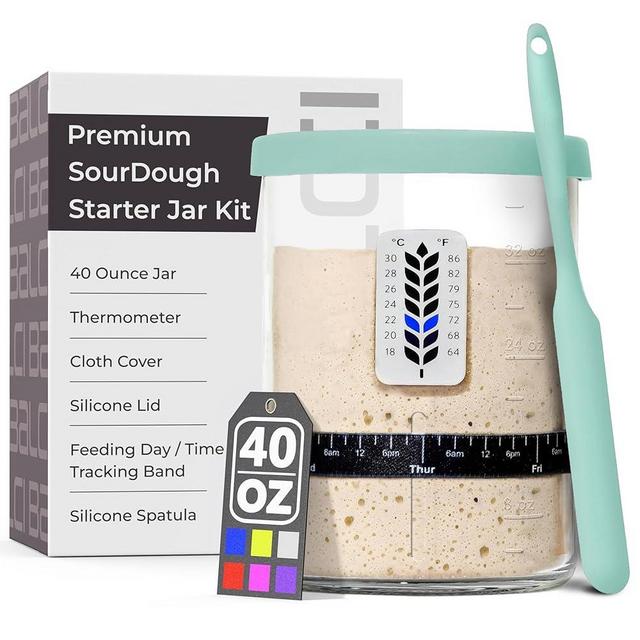 Premium Sourdough Starter Jar - 40oz Large Sourdough Jar with Marked Feeding Band, Thermometer, Scraper, Cloth Cover and Silicone Lid/Base, Wide Mouth Starter Kit - Mint