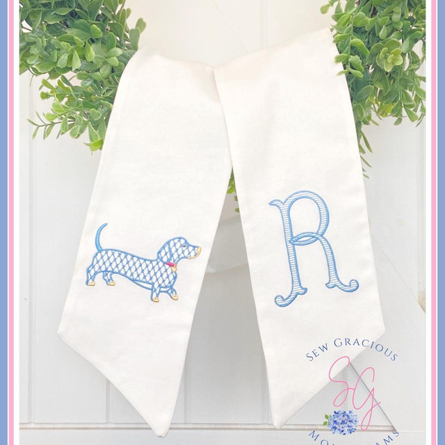 Monogram Wreath Sash, Dachshund Dog, Front Door Wreath Tie, Dog Lover Gift, Dog Mom, Puppy, Chinoiserie Chic, Sew Gracious