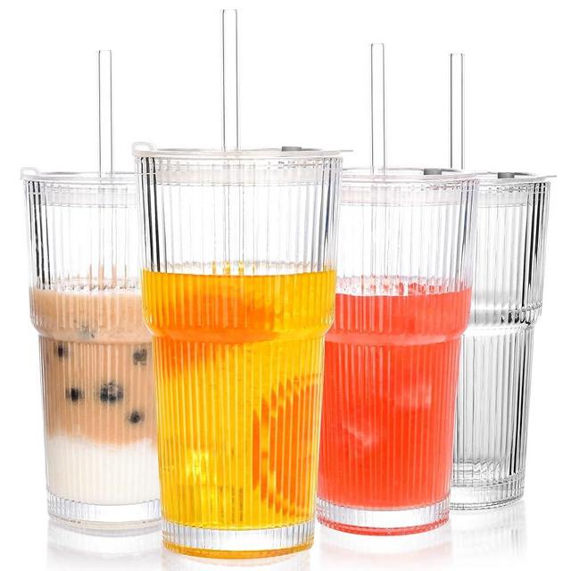 Amyoole 20 oz Tumblers with Lids and Straws, Ribbed Glass Set of 4-Clear Ice Coffee Cups Ideal for Smoothies, Juice, Boba & Cold Beverages, Durable reusable Glassware，Drinking Glasses with 1 Brush