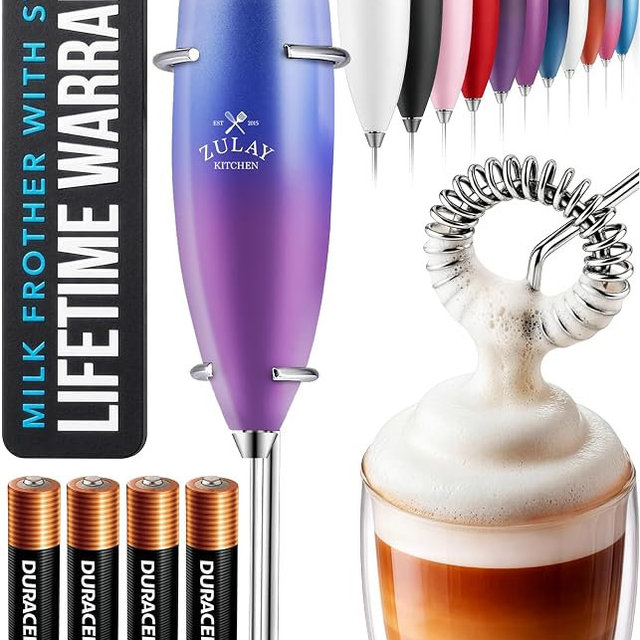 Zulay Kitchen Powerful Milk Frother Wand With Duracell Batteries - Ultra Fast Handheld Drink Mixer - Electric Whisk Foam Maker for Coffee, Lattes, Cappuccino & Matcha - Z1 Motor - Firework