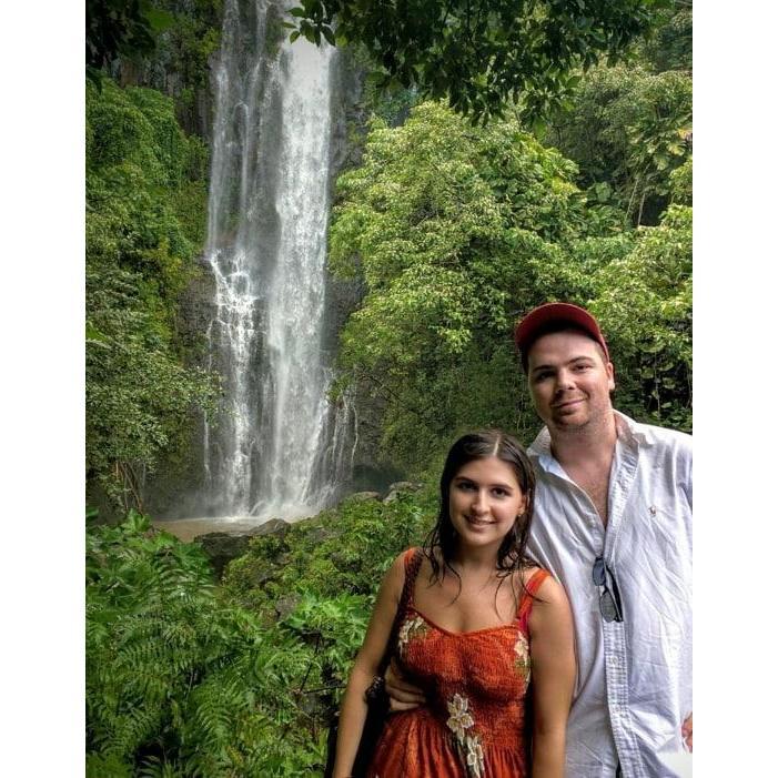 In front of a waterfall on the Road to Hana on Maui, Hawaii