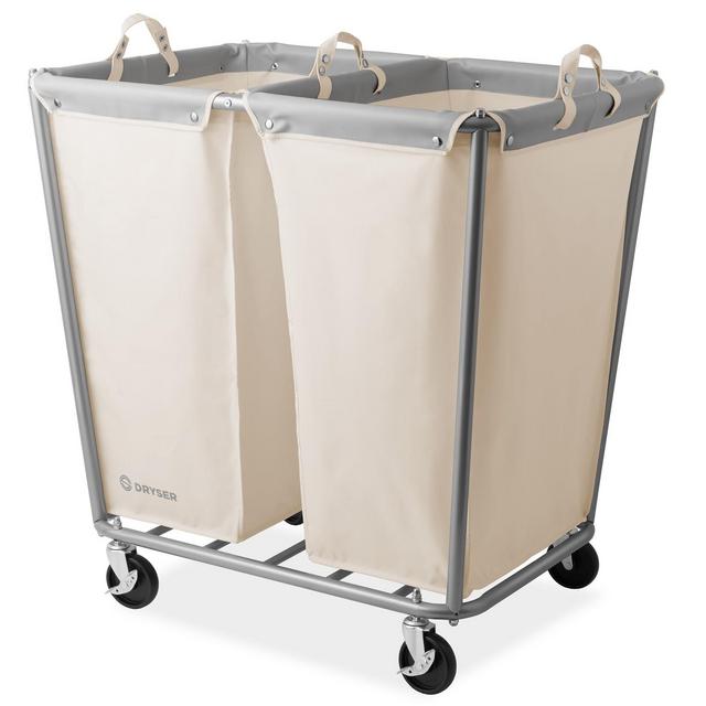 Dryser Divided Commercial Heavy-Duty Rolling Laundry Hamper, Steel Frame Cart on Wheels with 2 Section Removable Canvas Bins - White
