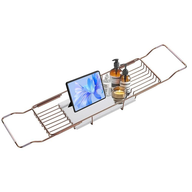 BVL Bathtub Tray Stainless Steel with Marble Base Rose Gold Bathtub Tray with White Marble Base Adjustable & Rustproof Bath Caddy for Spa, Relaxation, Bath Bombs