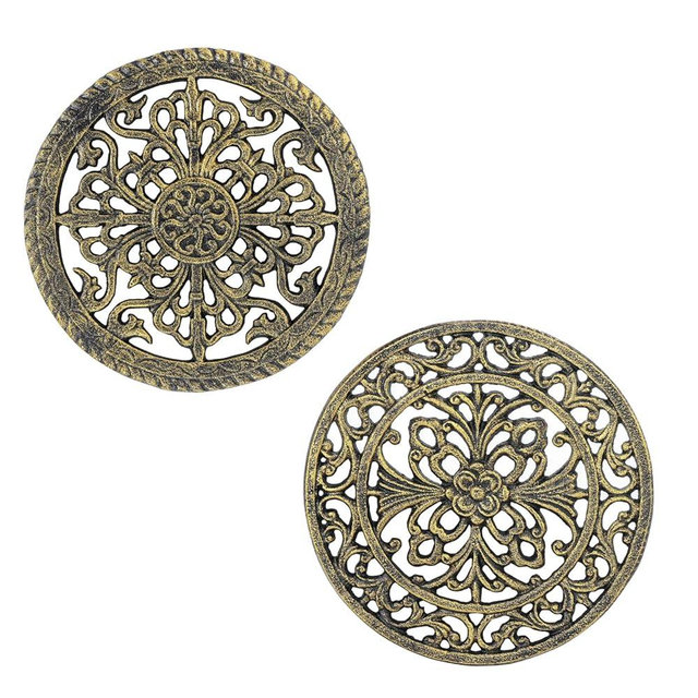 Sungmor 2 Pack Cast Iron Trivets for Hot Dishes - Round Decorative Metal Pot Plate Holder, Heat Resistant Table & Counter Protector for Kitchen and Dining - Vintage Scroll Pattern, Gold Finish