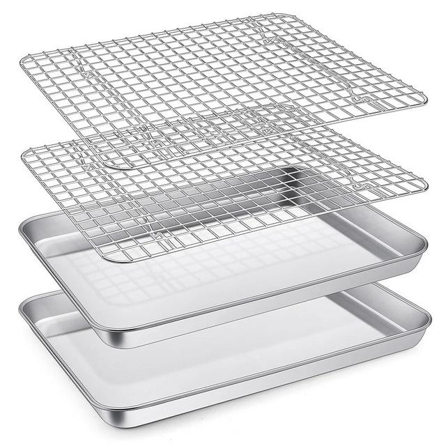 12.5 Inch Toaster Oven Pans with Racks (2 Pans + 2 Racks), P&P CHEF Stainless Steel Toaster Oven Tray Baking Pan and Roasting Cooling Rack for Cookie Meat, Oven & Dishwasher Safe