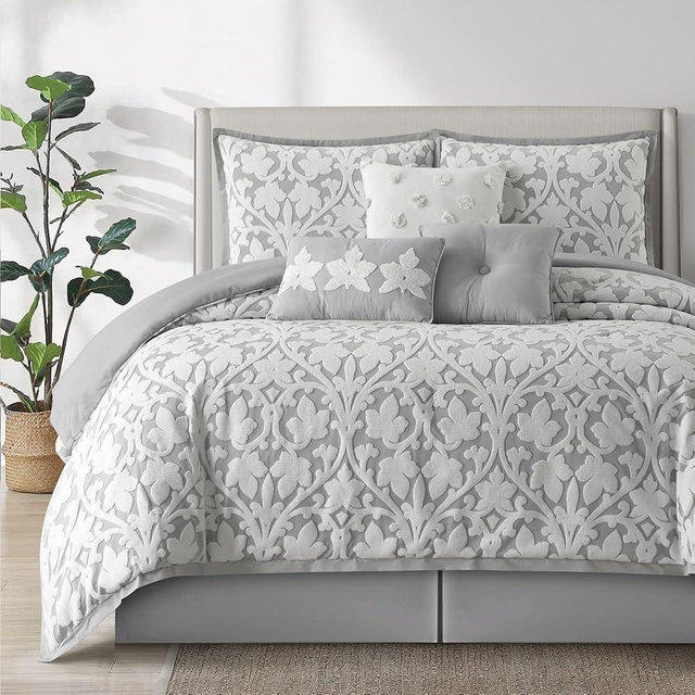 LANCO MODERN LIFESTYLE 7 Pieces Comforter Set, California King, White Grey, Jacquard Floral Pattern and Classy Damask Medallion Design, Ultra Soft, Includes Bed Skirt, Shams and Decorative Pillows