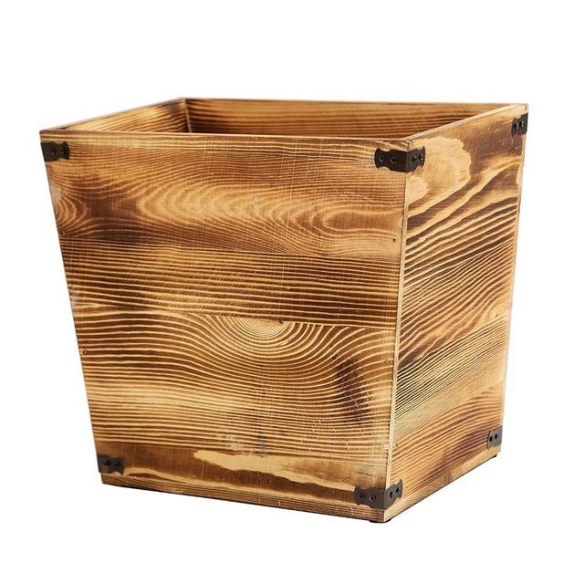 VERGOODR Grey Farmhouse Style Torched Wood Trash Can Waste Bin with Decorative Metal Brackets Trash Can for Bedroom,Living Room, Bathroom & Office (Brown)